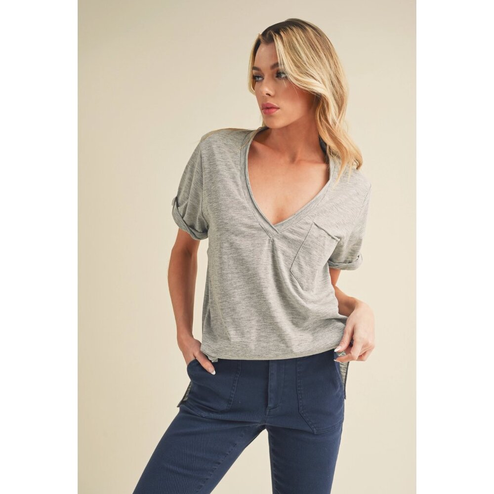 Rolled Sleeve V-Neck Pocket Tee - Heather Gray